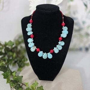 Boho Turquoise Howlite Teardrop with Red Beaded Necklace